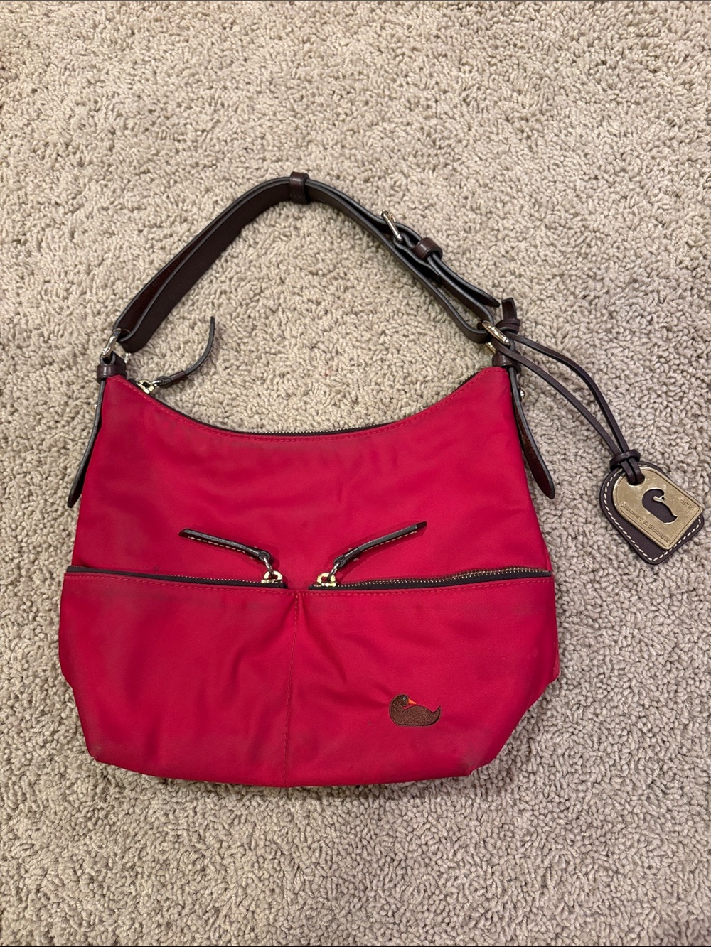 Dooney & Bourke Red Shoulder Bag with Brown Trim